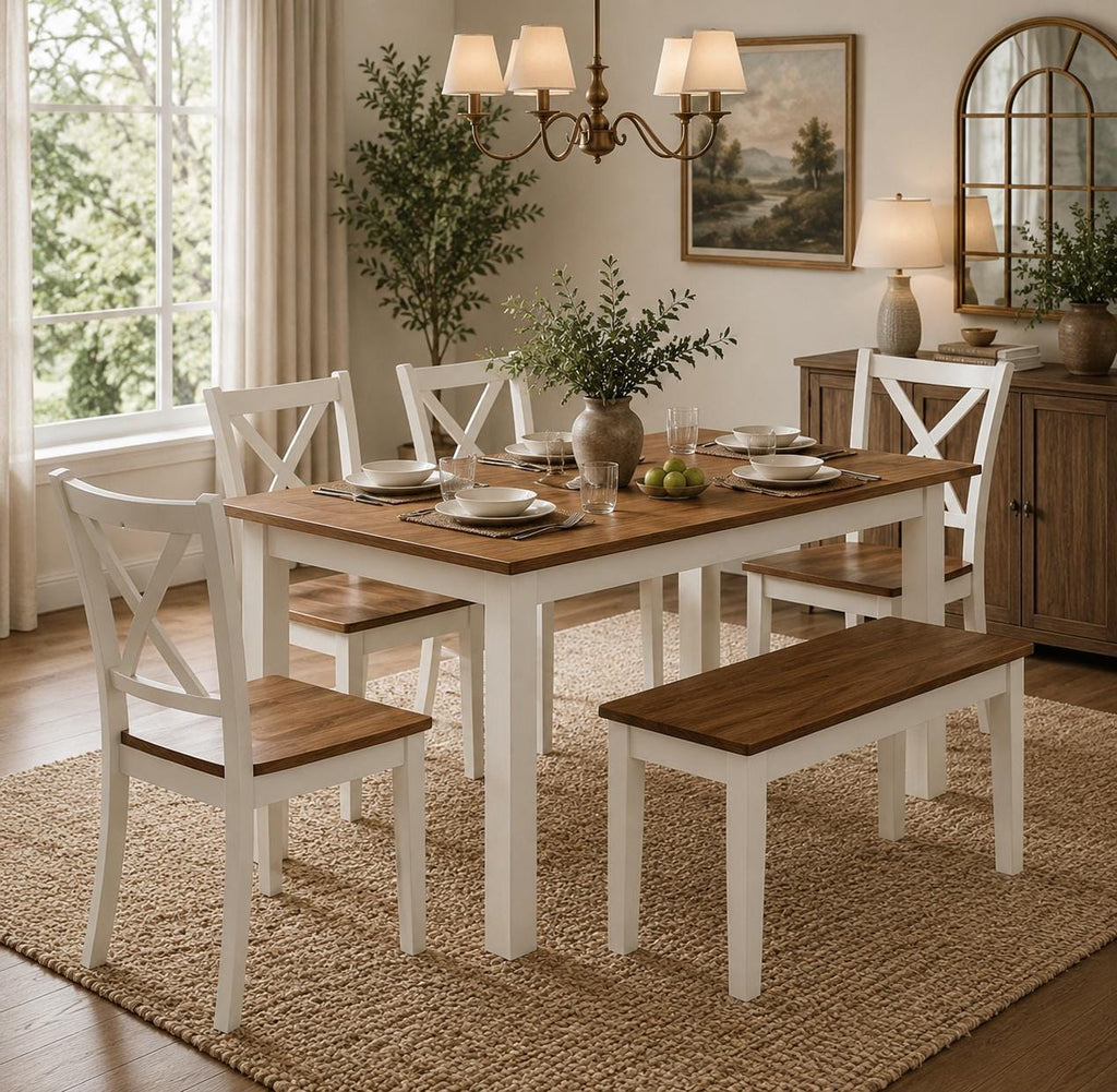 Farmhouse Dining Table Set, Rustic Walnut Wood, 6-Piece Seating for 6