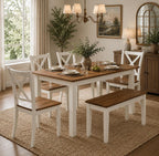 Farmhouse Dining Table Set, Rustic Walnut Wood, 6-Piece Seating for 6