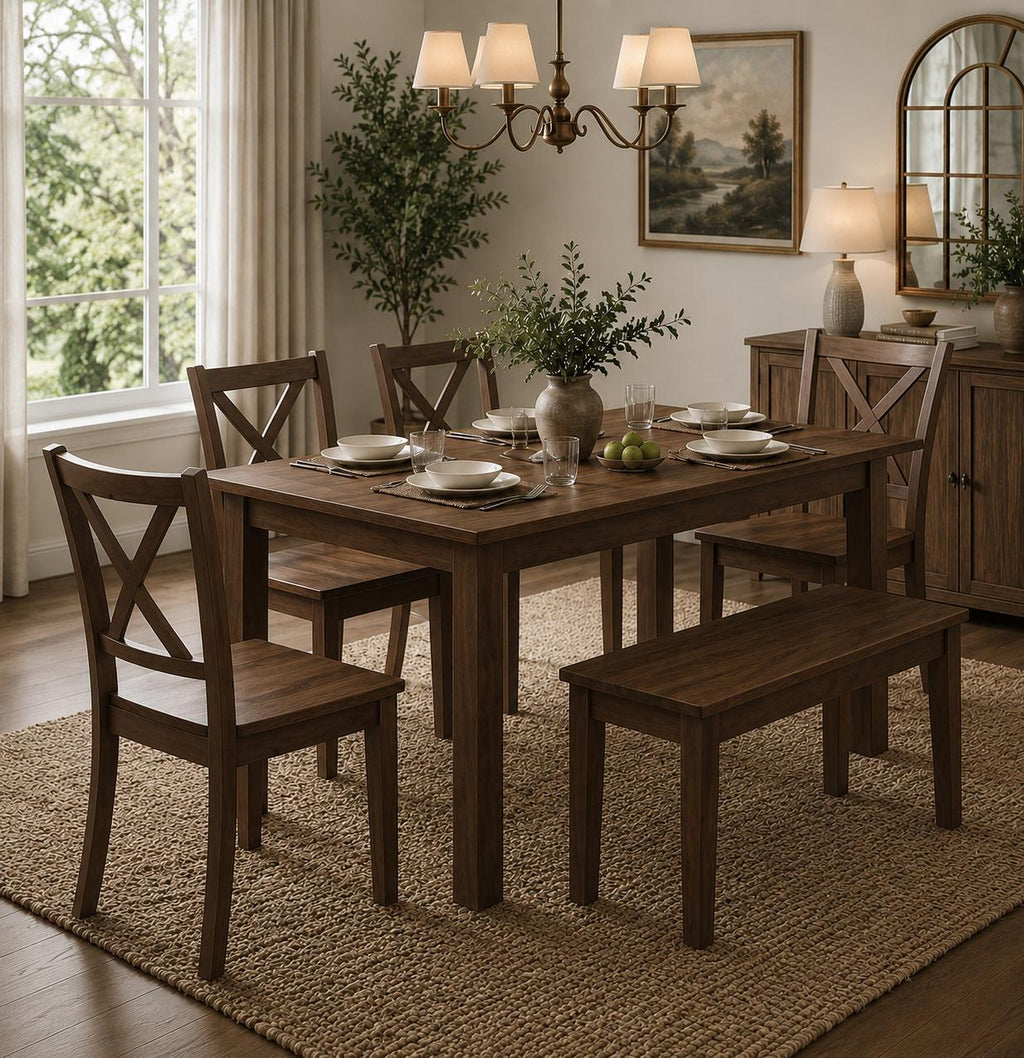 Farmhouse Dining Table Set, Rustic Walnut Wood, 6-Piece Seating for 6