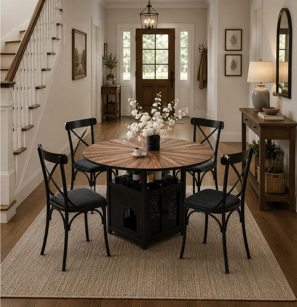 Round Dining Table Set for 4-6, Farmhouse Kitchen Table with Storage Rack