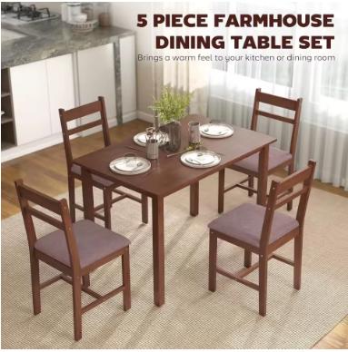 5-Piece Solid Wood Dining Table Set for 4, Farmhouse Kitchen Table with Upholstered Chairs for Small Space, Customized