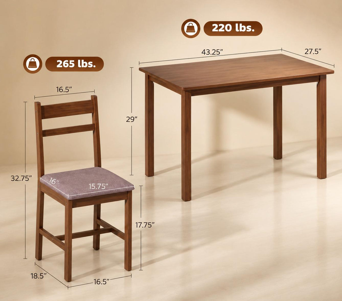 5-Piece Solid Wood Dining Table Set for 4, Farmhouse Kitchen Table with Upholstered Chairs for Small Space, Customized
