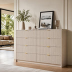 Beige 8-Drawer Dresser | Fluted Gold Handle Storage Chest, Modern Bedroom Furniture
