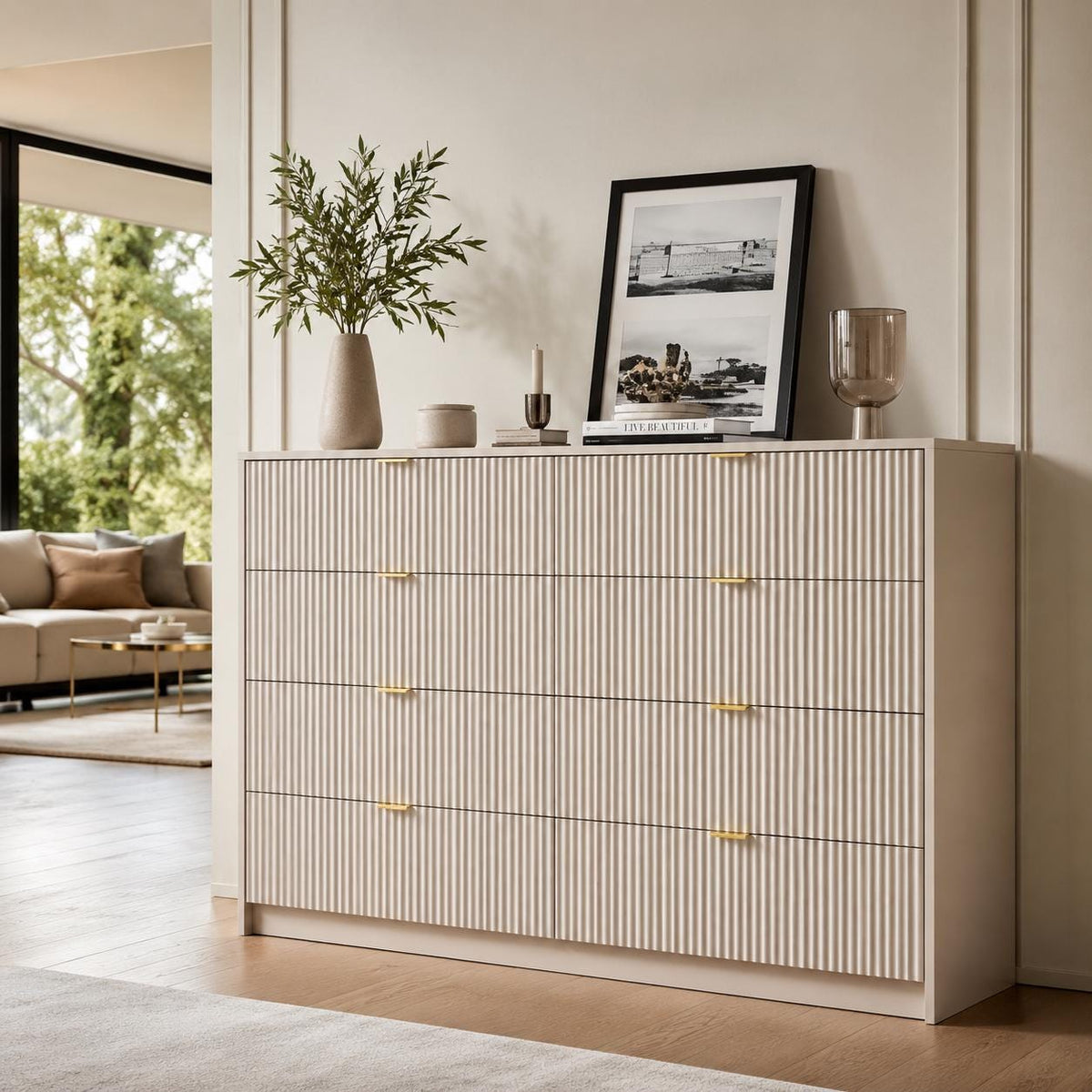 Beige 8-Drawer Dresser | Fluted Gold Handle Storage Chest, Modern Bedroom Furniture