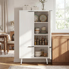 Oak Fluted Tall Pantry Cabinet, Modern Wood Storage, Adjustable Shelves