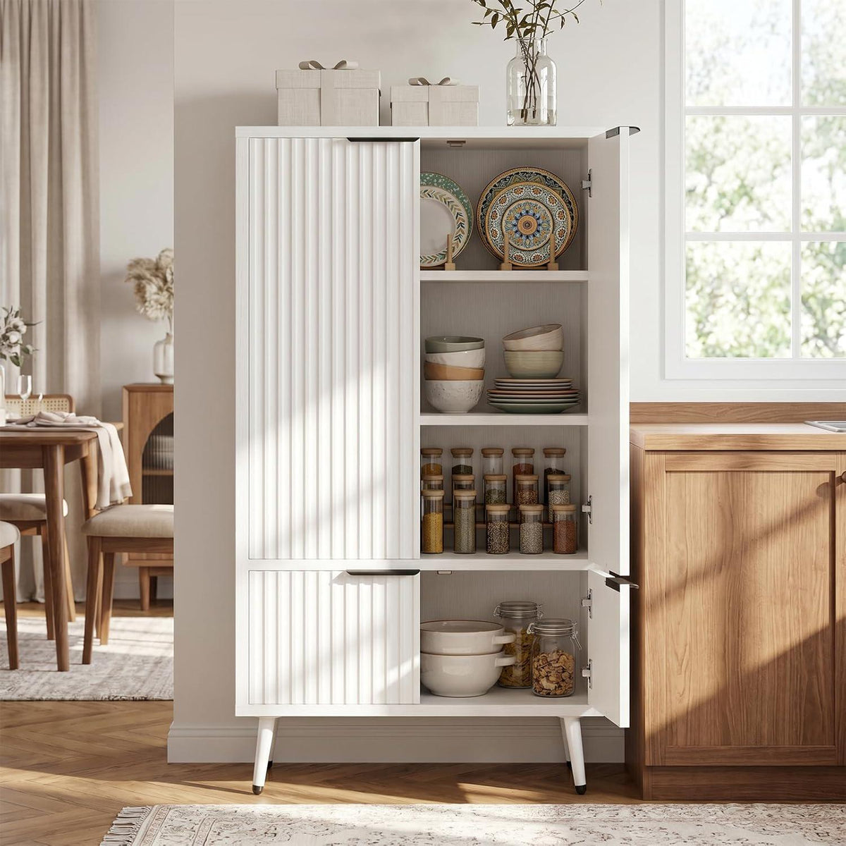 Oak Fluted Tall Pantry Cabinet, Modern Wood Storage, Adjustable Shelves