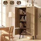 Oak Fluted Tall Pantry Cabinet, Modern Wood Storage, Adjustable Shelves