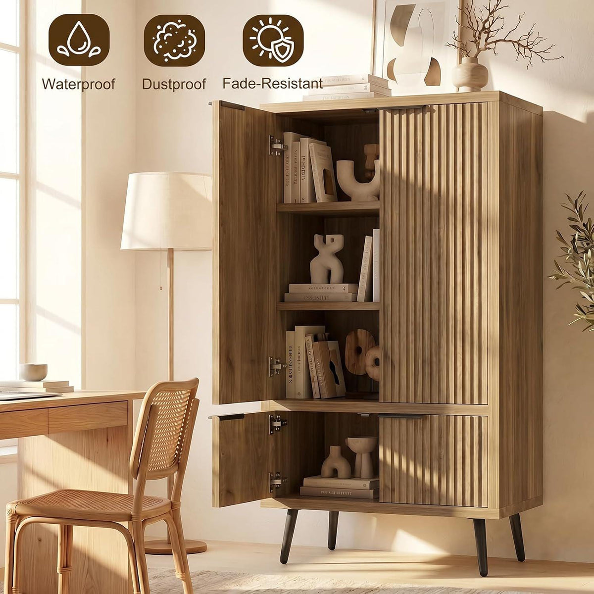 Oak Fluted Tall Pantry Cabinet, Modern Wood Storage, Adjustable Shelves