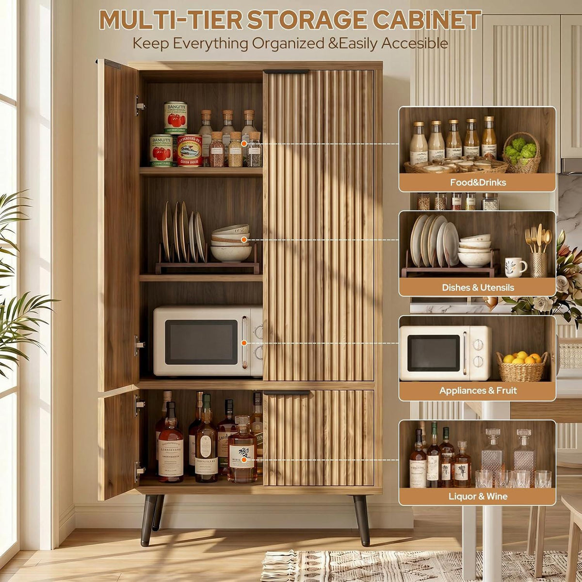 Oak Fluted Tall Pantry Cabinet, Modern Wood Storage, Adjustable Shelves