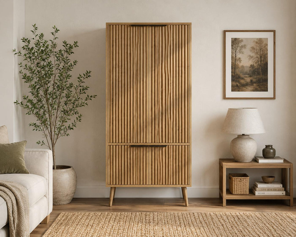 Oak Fluted Tall Pantry Cabinet, Modern Wood Storage, Adjustable Shelves