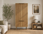 Oak Fluted Tall Pantry Cabinet, Modern Wood Storage, Adjustable Shelves