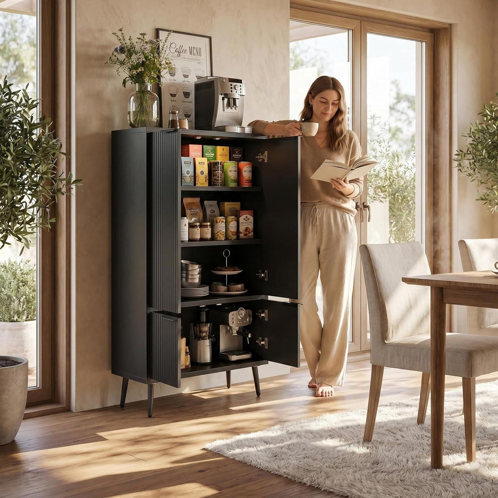 Ebony Fluted Tall Pantry Cabinet, Modern Storage with Adjustable Shelves