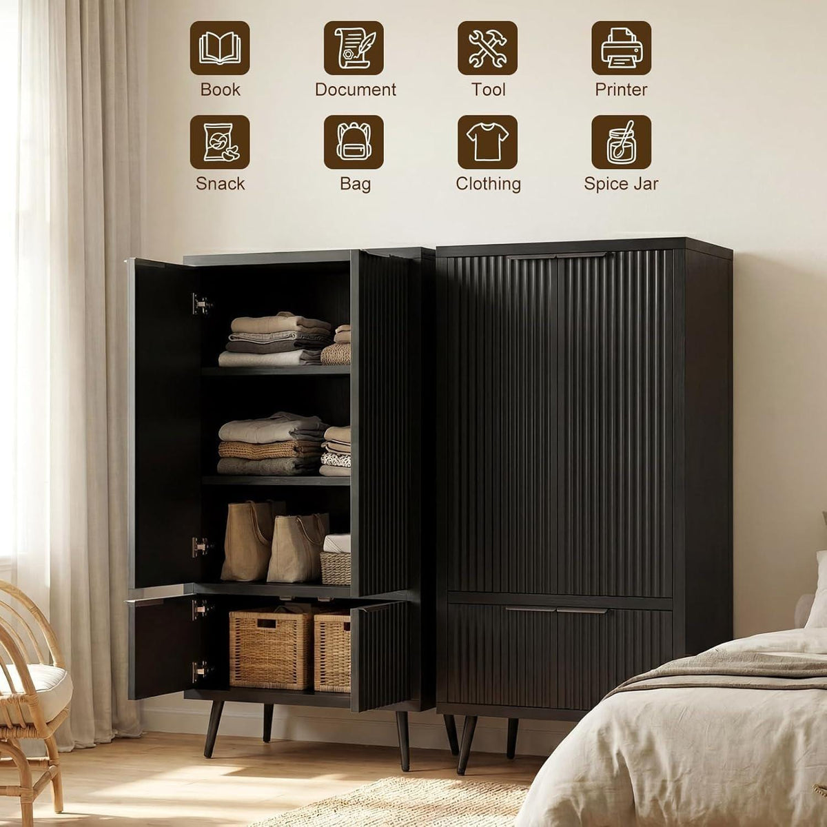 Ebony Fluted Tall Pantry Cabinet, Modern Storage with Adjustable Shelves