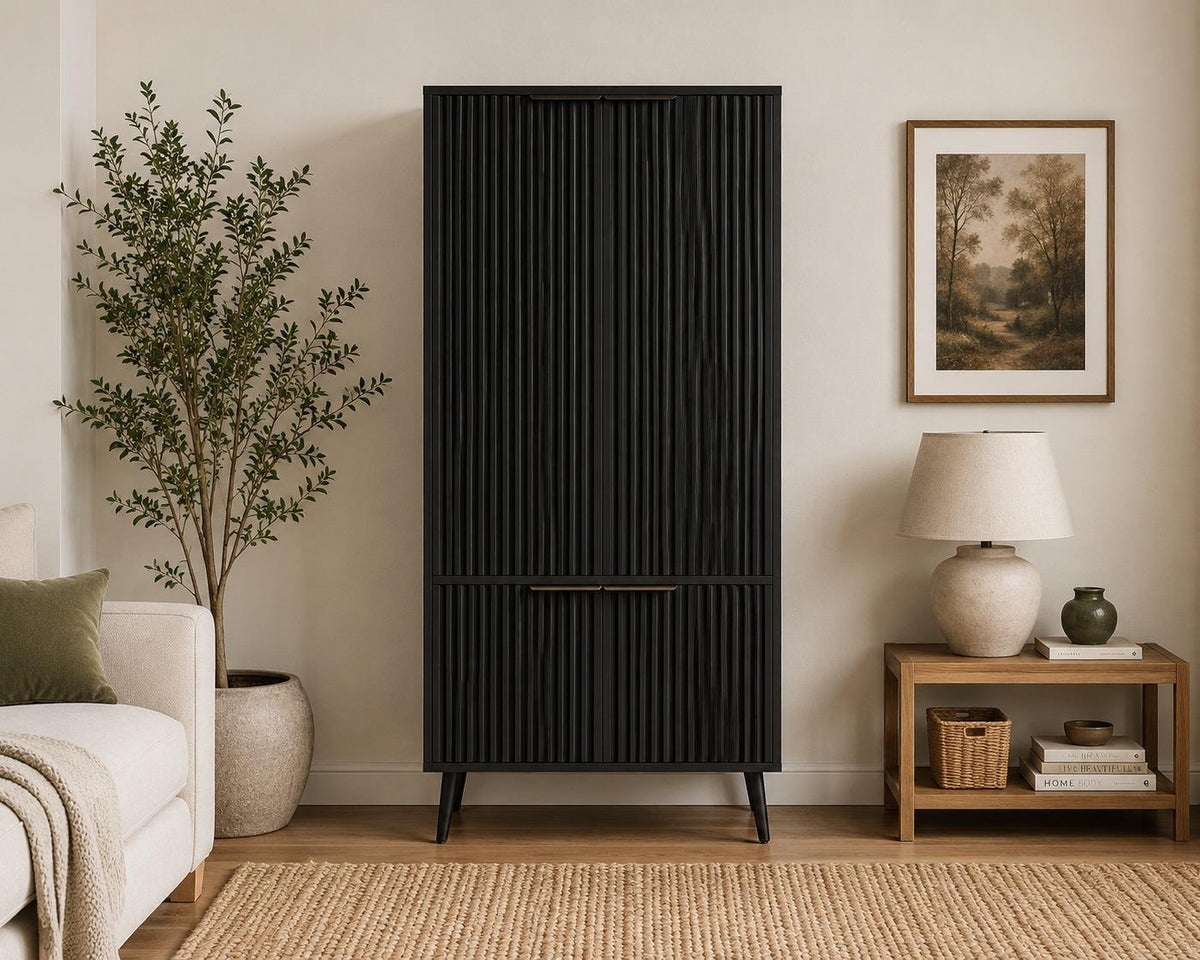 Ebony Fluted Tall Pantry Cabinet, Modern Storage with Adjustable Shelves