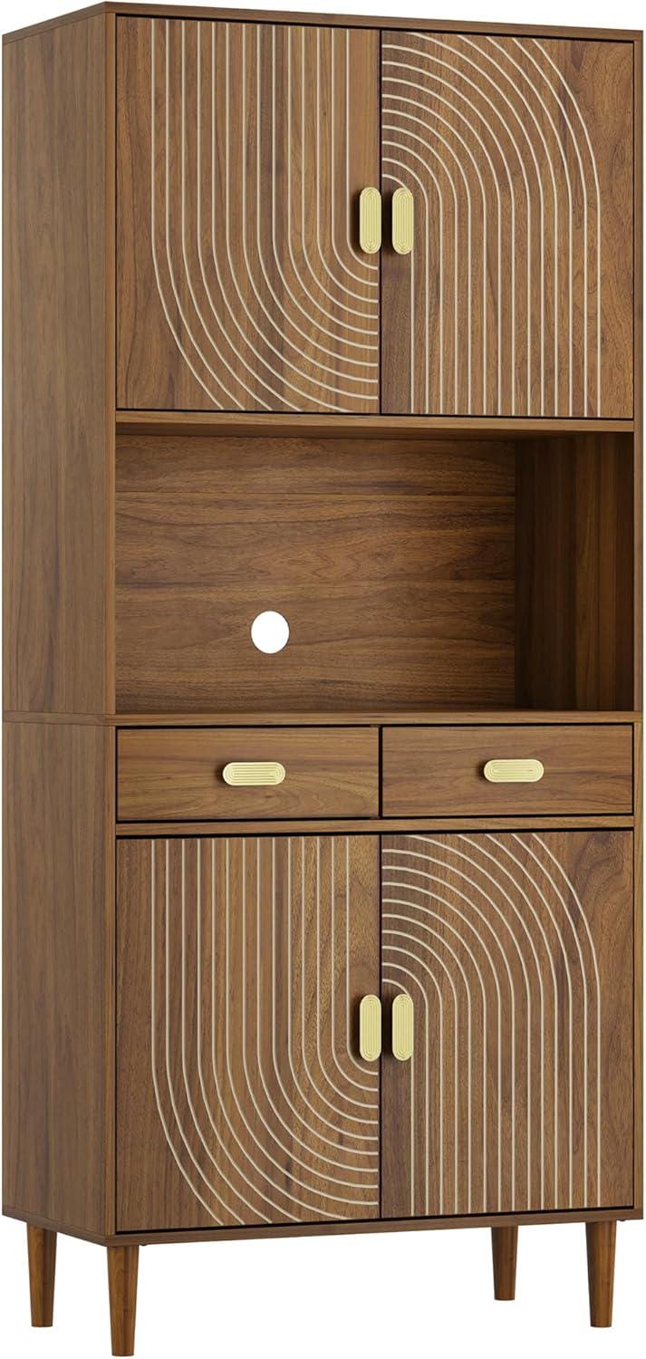 Walnut Grooved Doors Cabinet, Gold Handles, Adjustable Shelves Storage