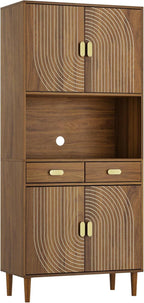 Walnut Grooved Doors Cabinet, Gold Handles, Adjustable Shelves Storage