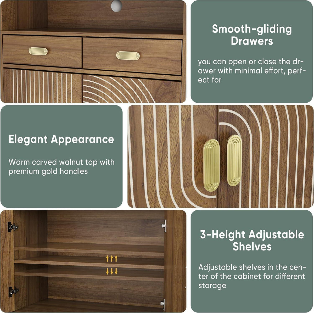 Walnut Grooved Doors Cabinet, Gold Handles, Adjustable Shelves Storage