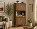 Walnut Grooved Doors Cabinet, Gold Handles, Adjustable Shelves Storage