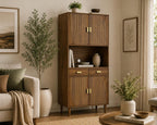 Walnut Grooved Doors Cabinet, Gold Handles, Adjustable Shelves Storage