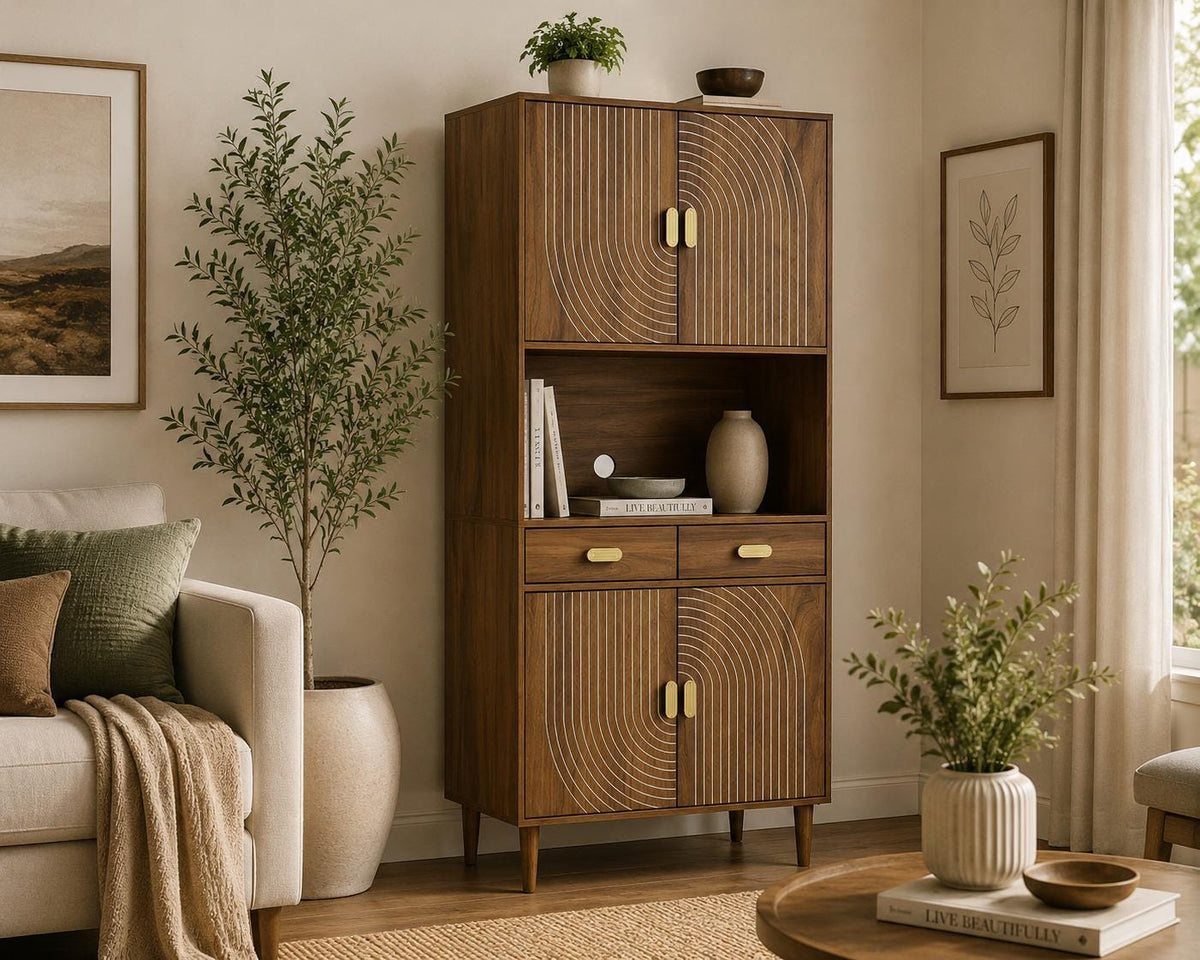 Walnut Grooved Doors Cabinet, Gold Handles, Adjustable Shelves Storage