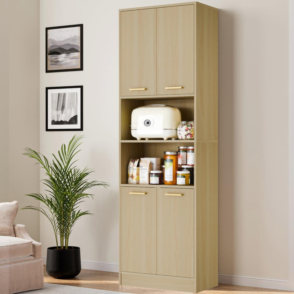 Tall Kitchen Pantry Cabinet, 4 Doors, Open Shelf, Engineered Wood Storage