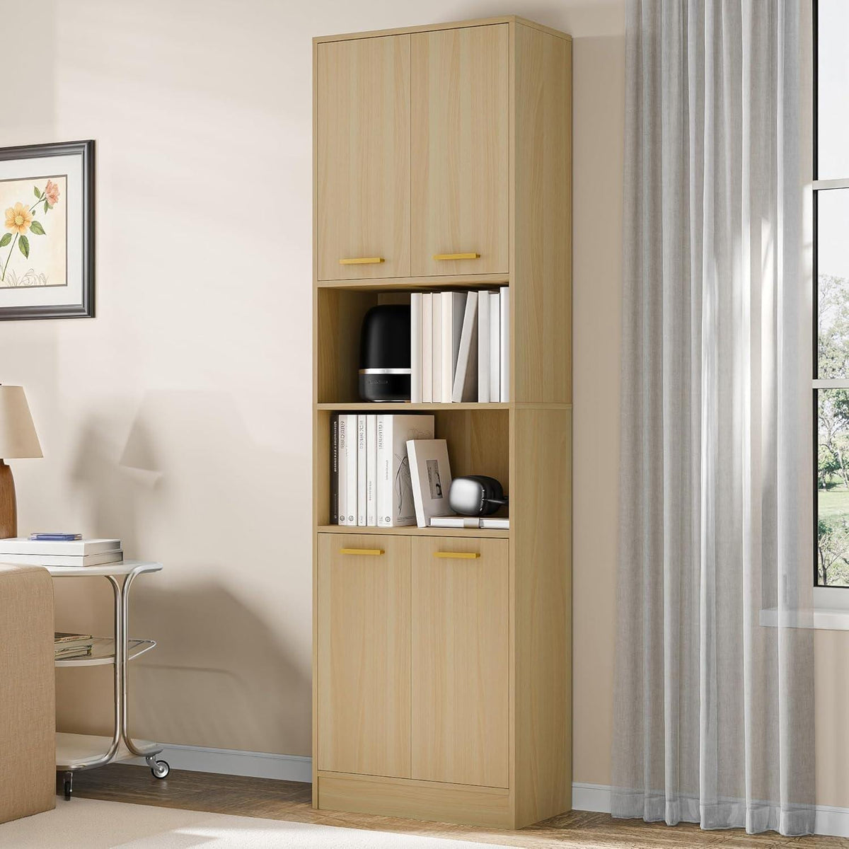 Tall Kitchen Pantry Cabinet, 4 Doors, Open Shelf, Engineered Wood Storage
