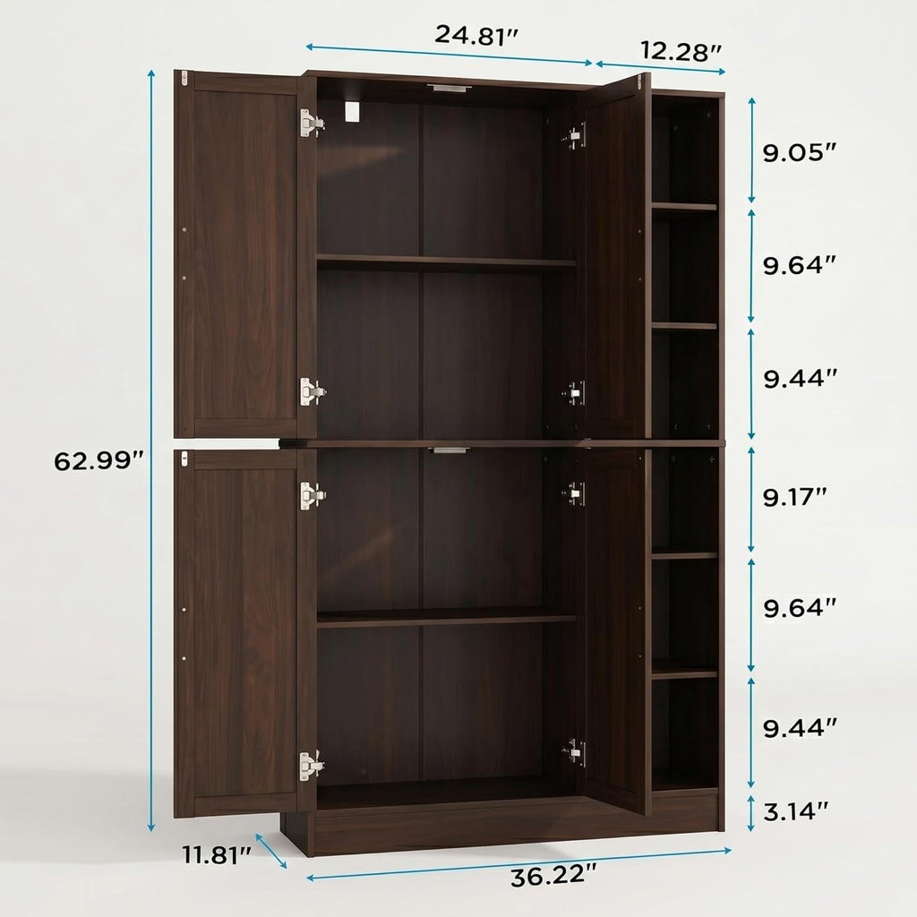 Tall Brown Wood Pantry Cabinet, Modern Kitchen Storage, Coffee Bar Microwave Stand