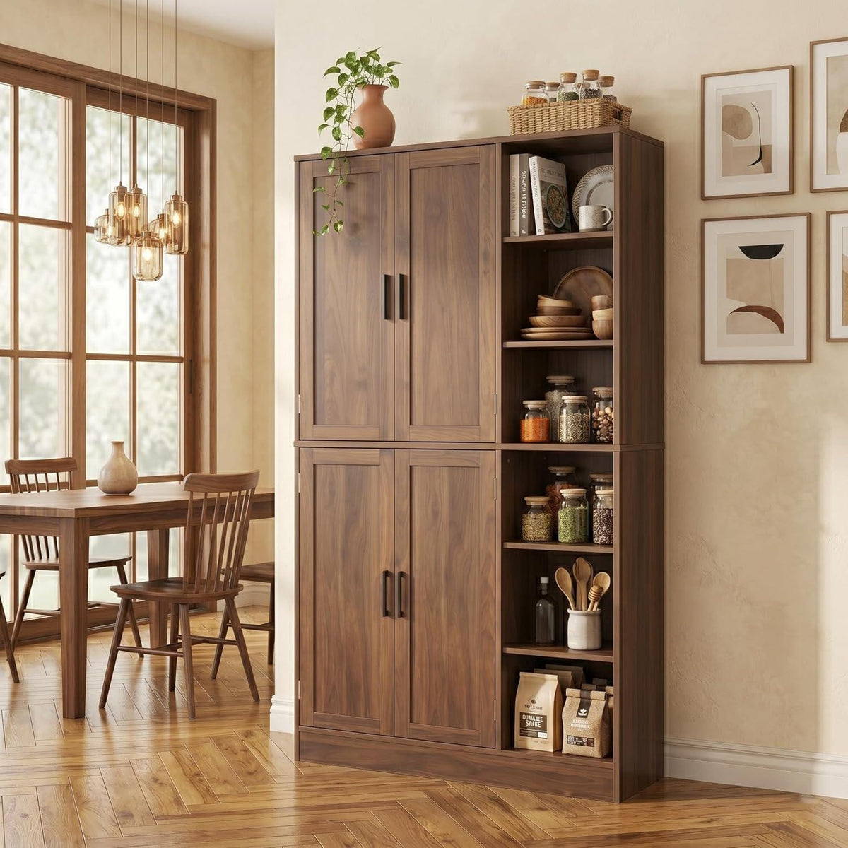 Tall Brown Wood Pantry Cabinet, Modern Kitchen Storage, Coffee Bar Microwave Stand