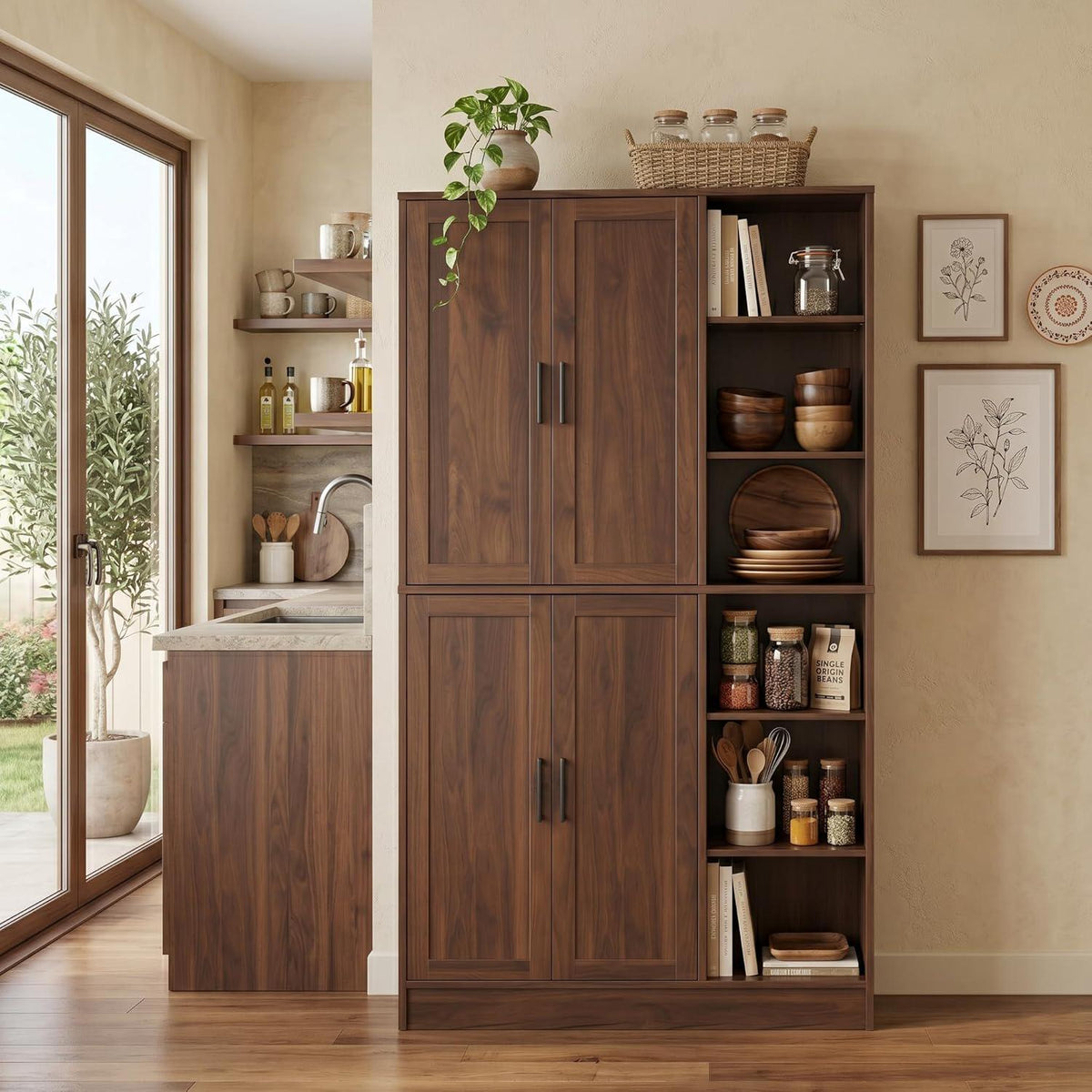 Tall Brown Wood Pantry Cabinet, Modern Kitchen Storage, Coffee Bar Microwave Stand
