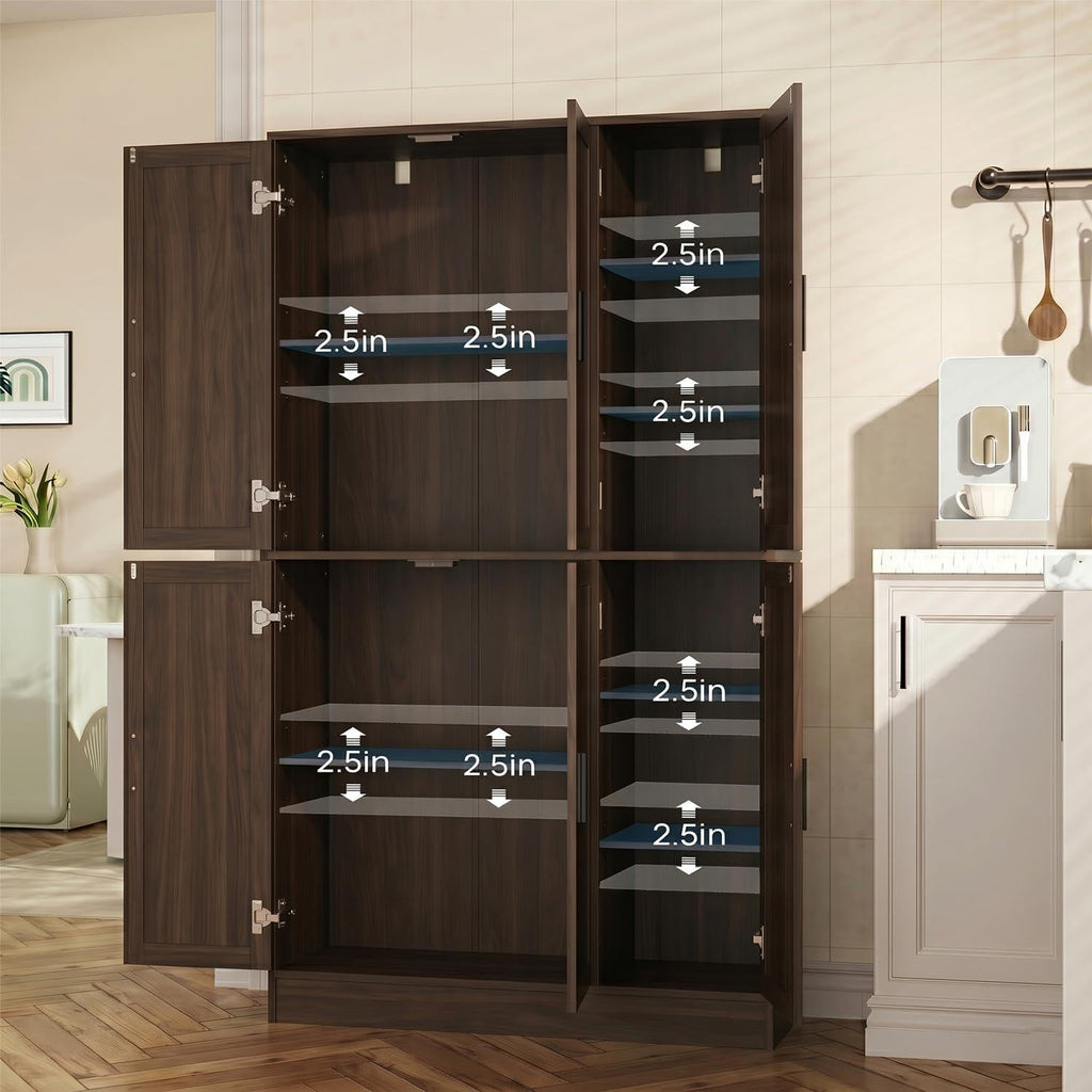 Tall Brown Wood Pantry Cabinet, Modern Kitchen Storage, Coffee Bar Microwave Stand
