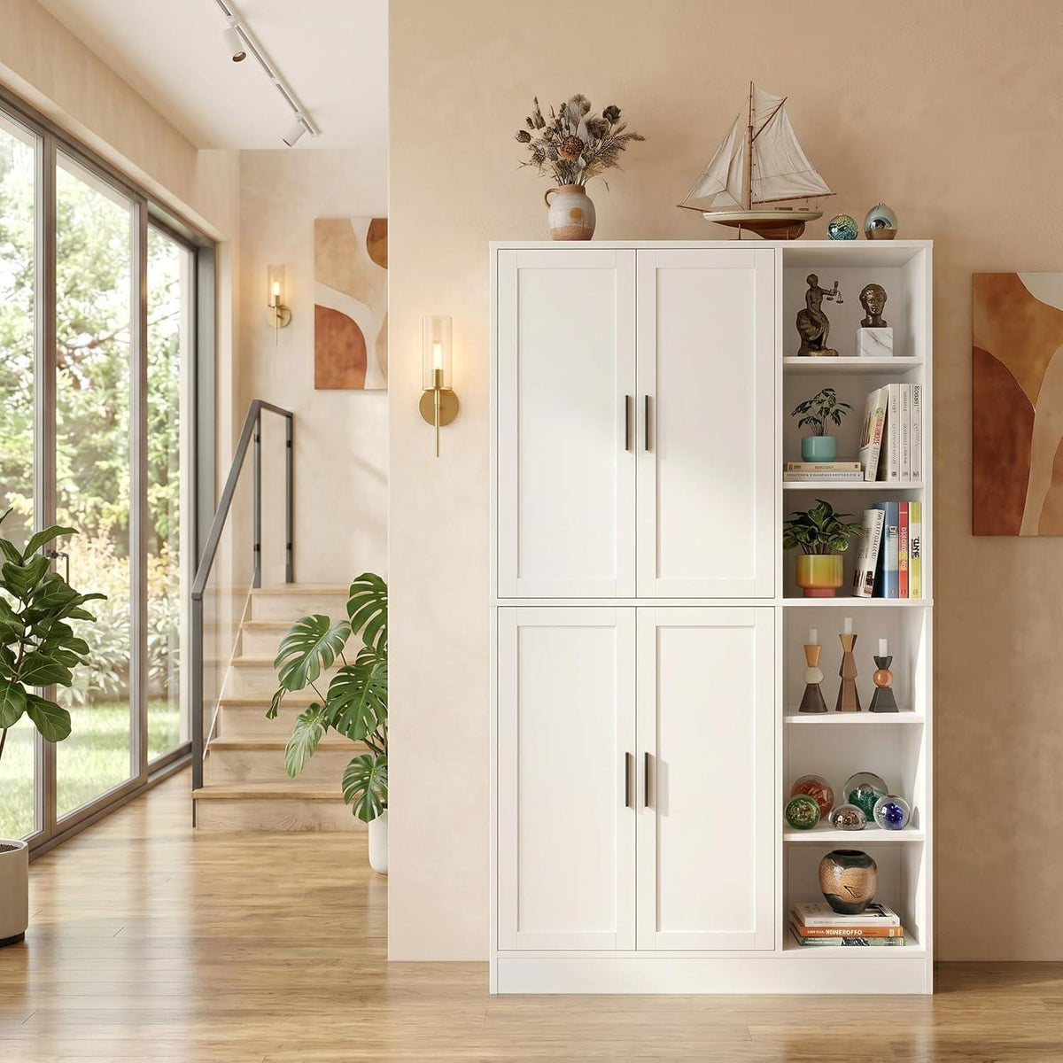Tall Brown Wood Pantry Cabinet, Modern Kitchen Storage, Coffee Bar Microwave Stand