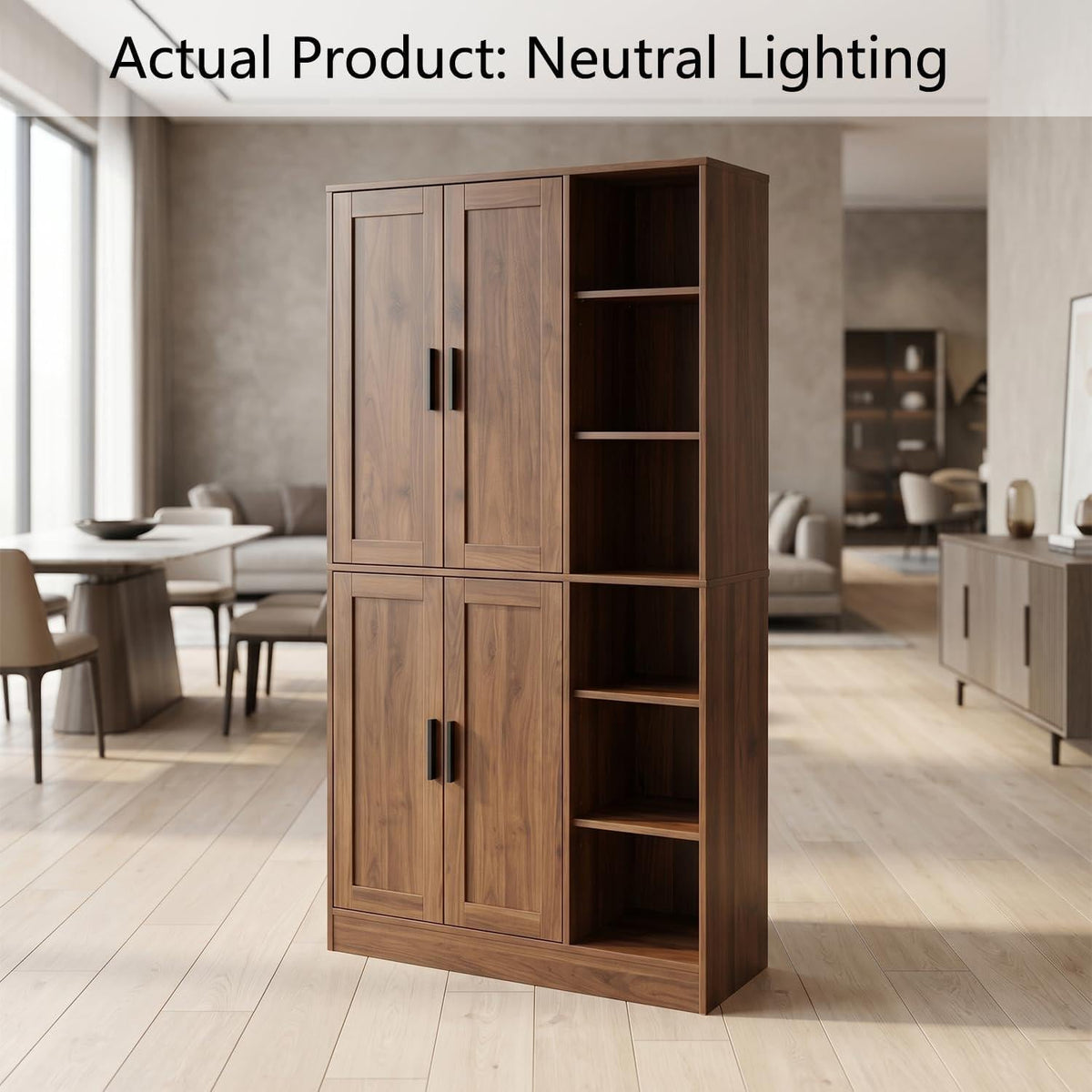 Tall Brown Wood Pantry Cabinet, Modern Kitchen Storage, Coffee Bar Microwave Stand