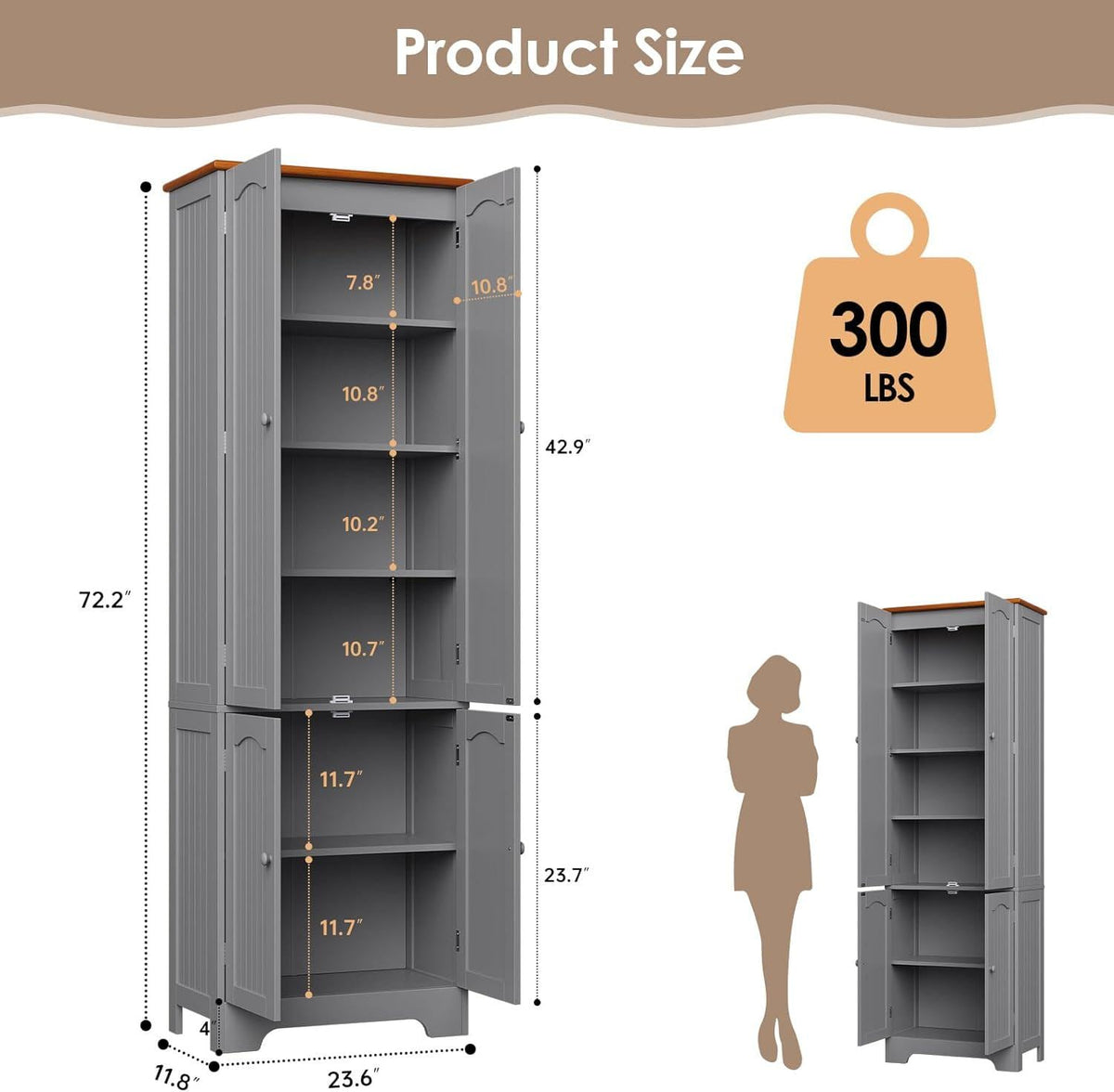Grey Tall Pantry Cabinet, 4 Doors, Adjustable Shelves, Modern Storage Solution