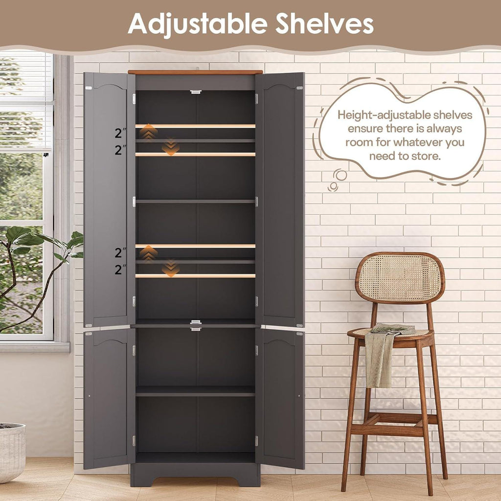 Grey Tall Pantry Cabinet, 4 Doors, Adjustable Shelves, Modern Storage Solution