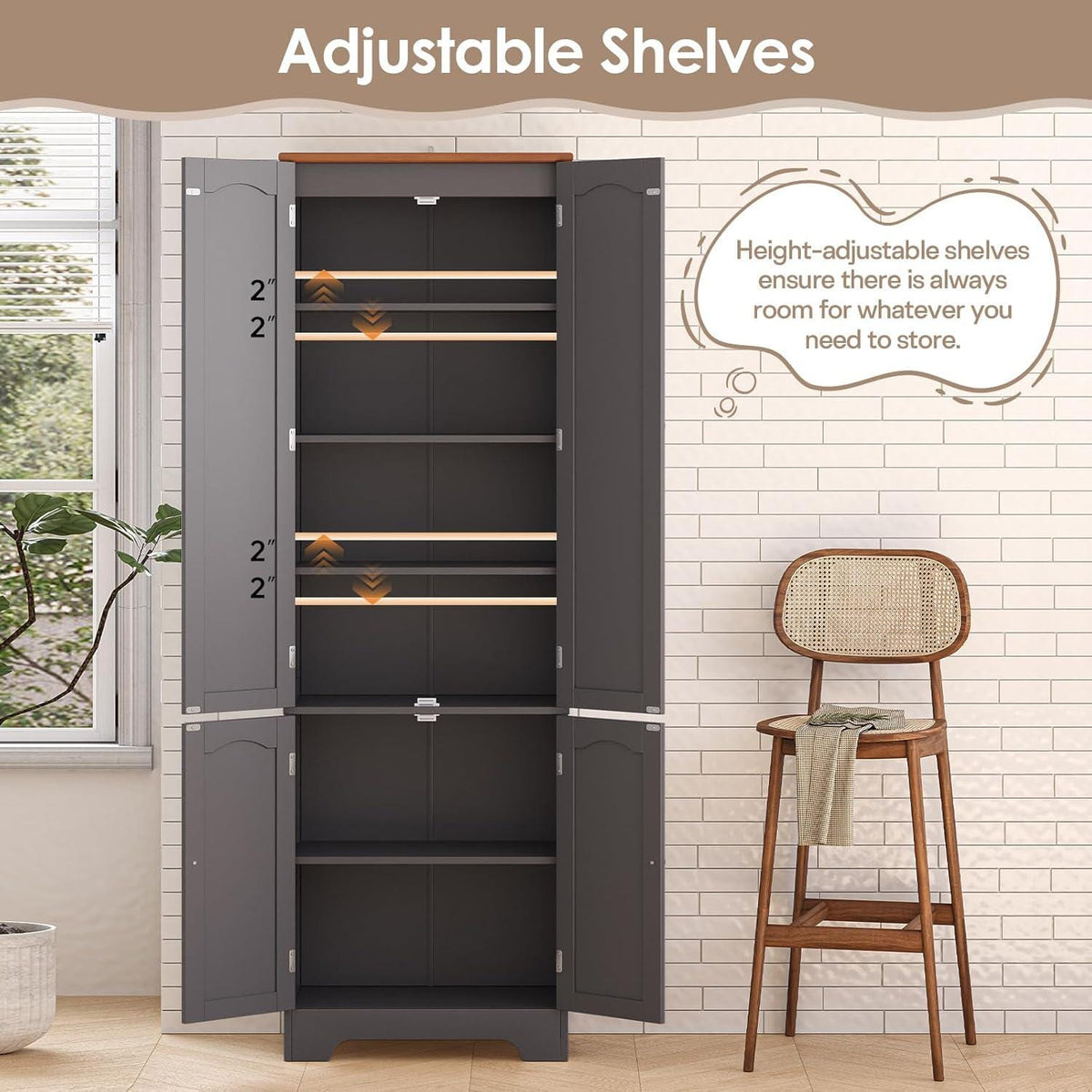 Grey Tall Pantry Cabinet, 4 Doors, Adjustable Shelves, Modern Storage Solution