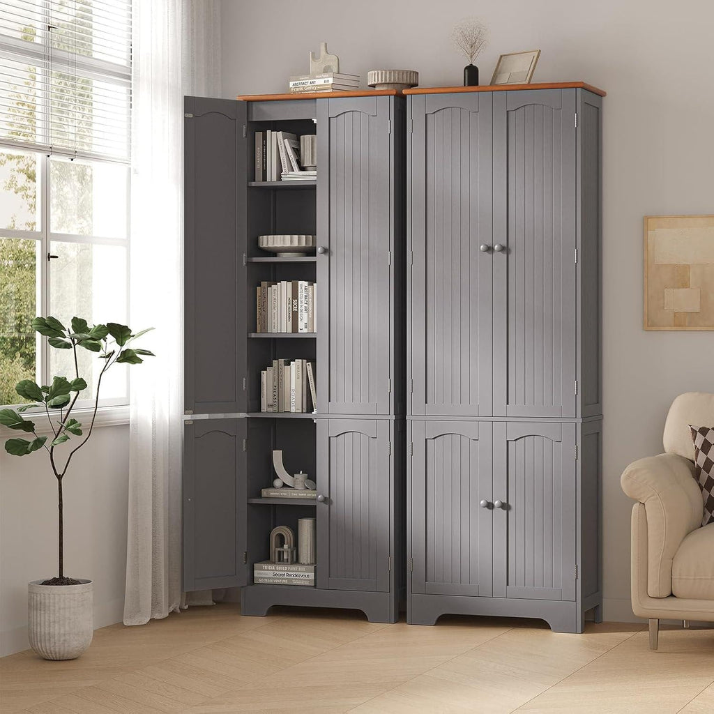 Grey Tall Pantry Cabinet, 4 Doors, Adjustable Shelves, Modern Storage Solution