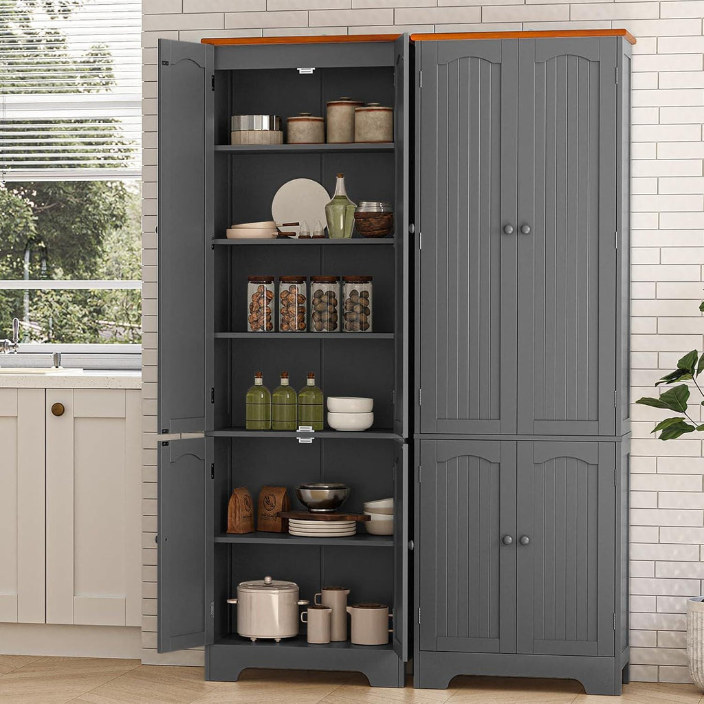 Grey Tall Pantry Cabinet, 4 Doors, Adjustable Shelves, Modern Storage Solution