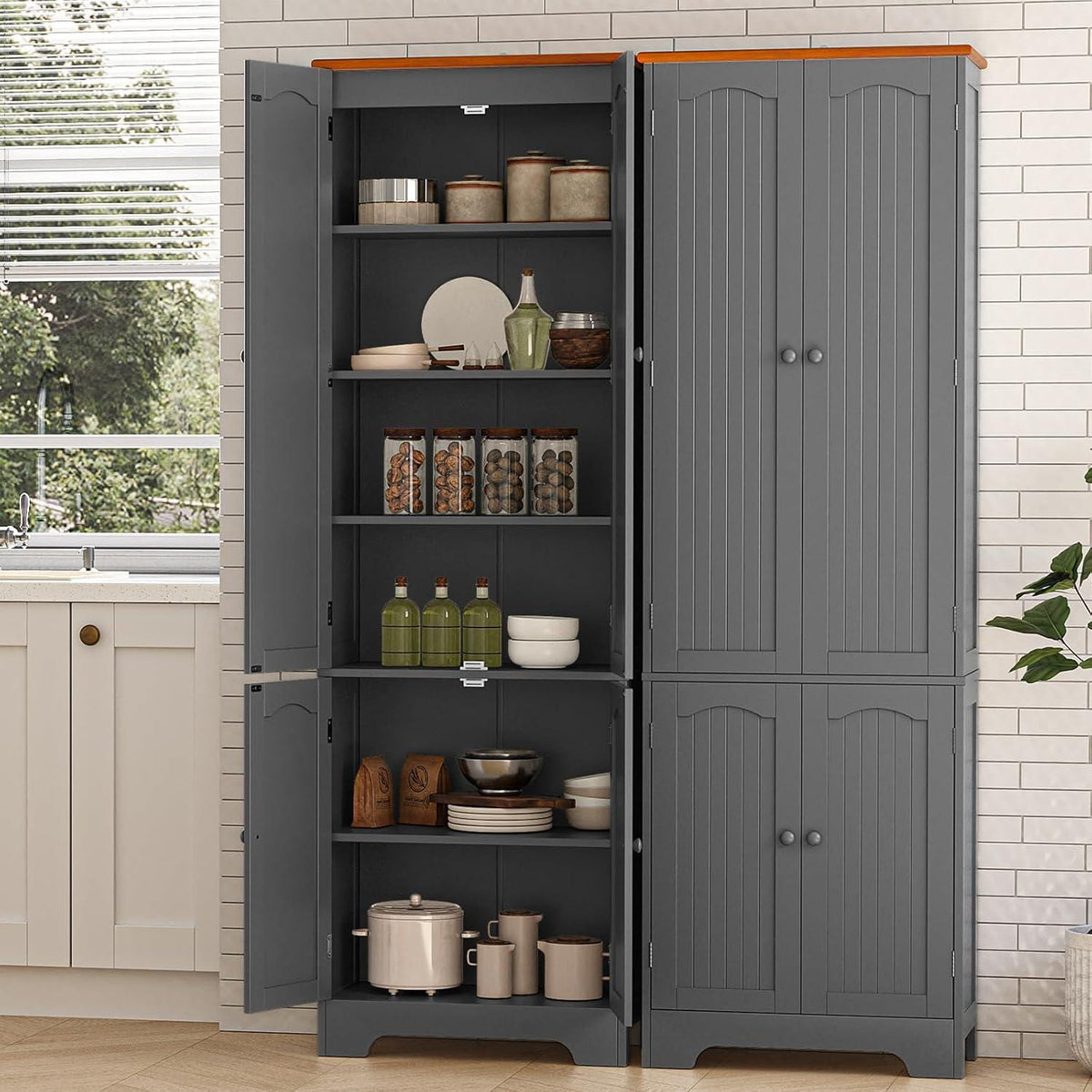 Grey Tall Pantry Cabinet, 4 Doors, Adjustable Shelves, Modern Storage Solution