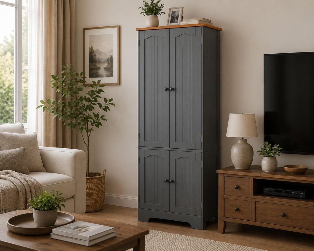Grey Tall Pantry Cabinet, 4 Doors, Adjustable Shelves, Modern Storage Solution