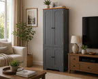 Grey Tall Pantry Cabinet, 4 Doors, Adjustable Shelves, Modern Storage Solution
