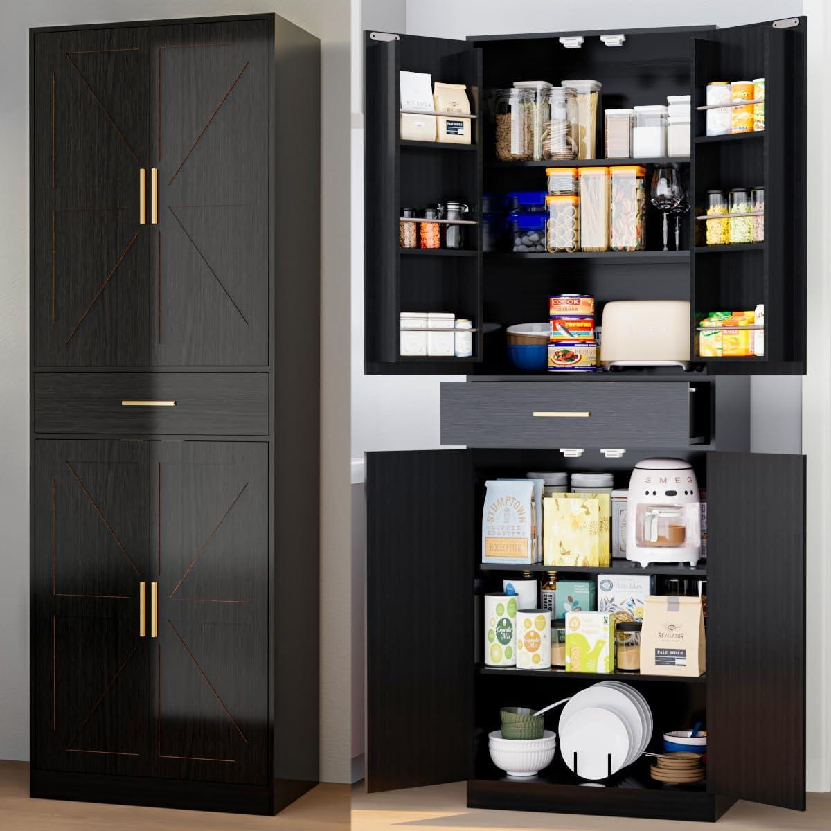71" Farmhouse Pantry Cabinet, Coal Black, 4-Door Storage, Adjustable Shelves