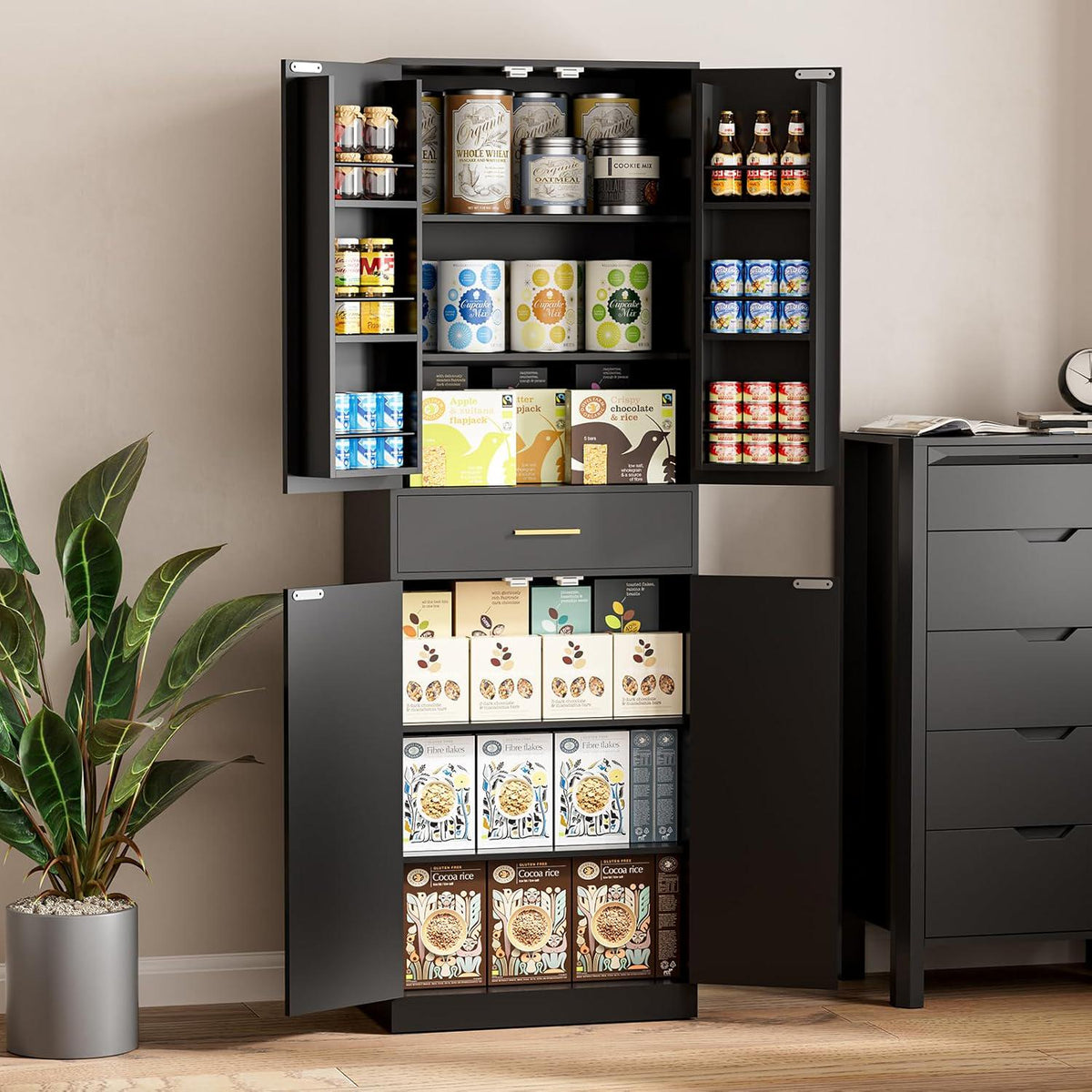71" Farmhouse Pantry Cabinet, Coal Black, 4-Door Storage, Adjustable Shelves