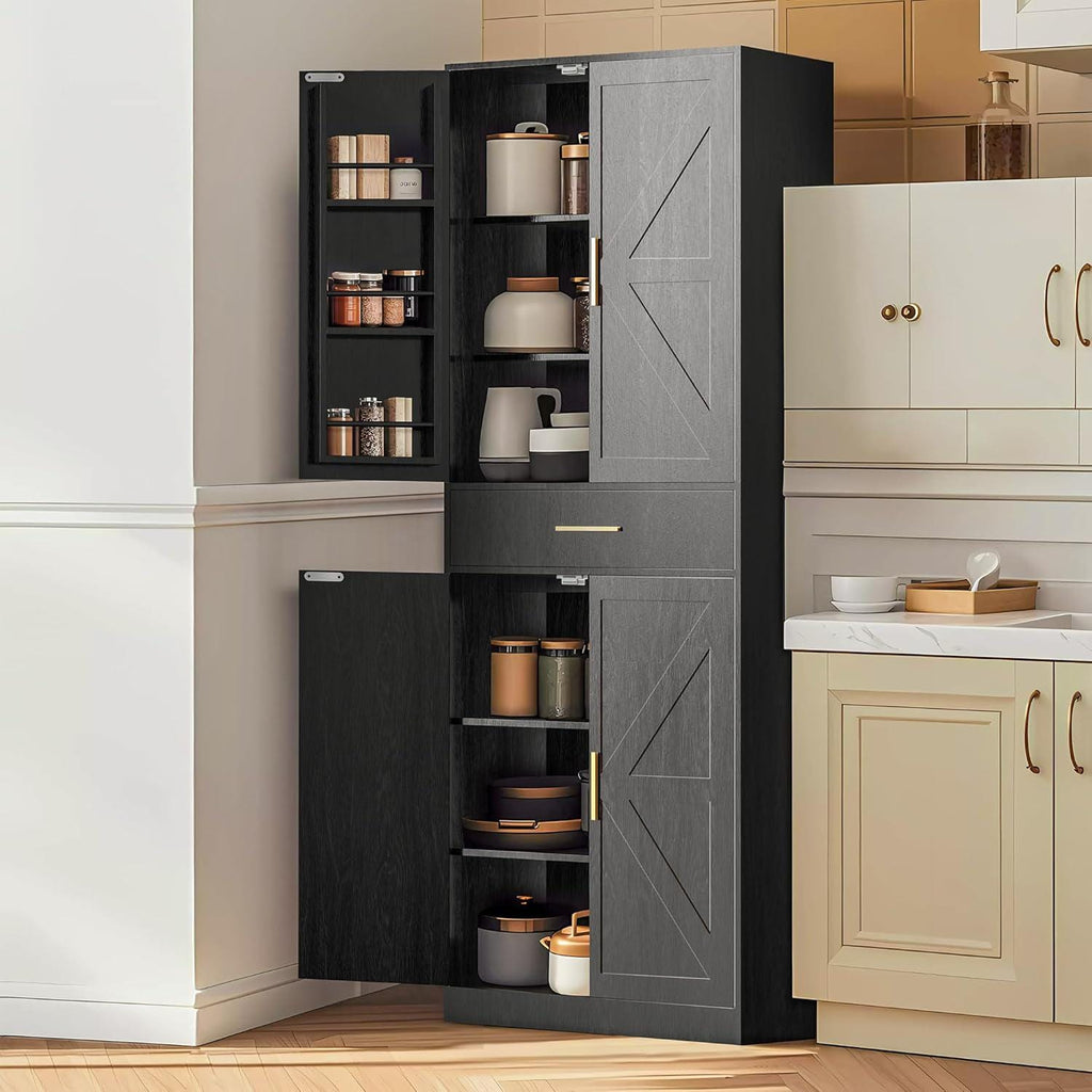 71" Farmhouse Pantry Cabinet, Coal Black, 4-Door Storage, Adjustable Shelves