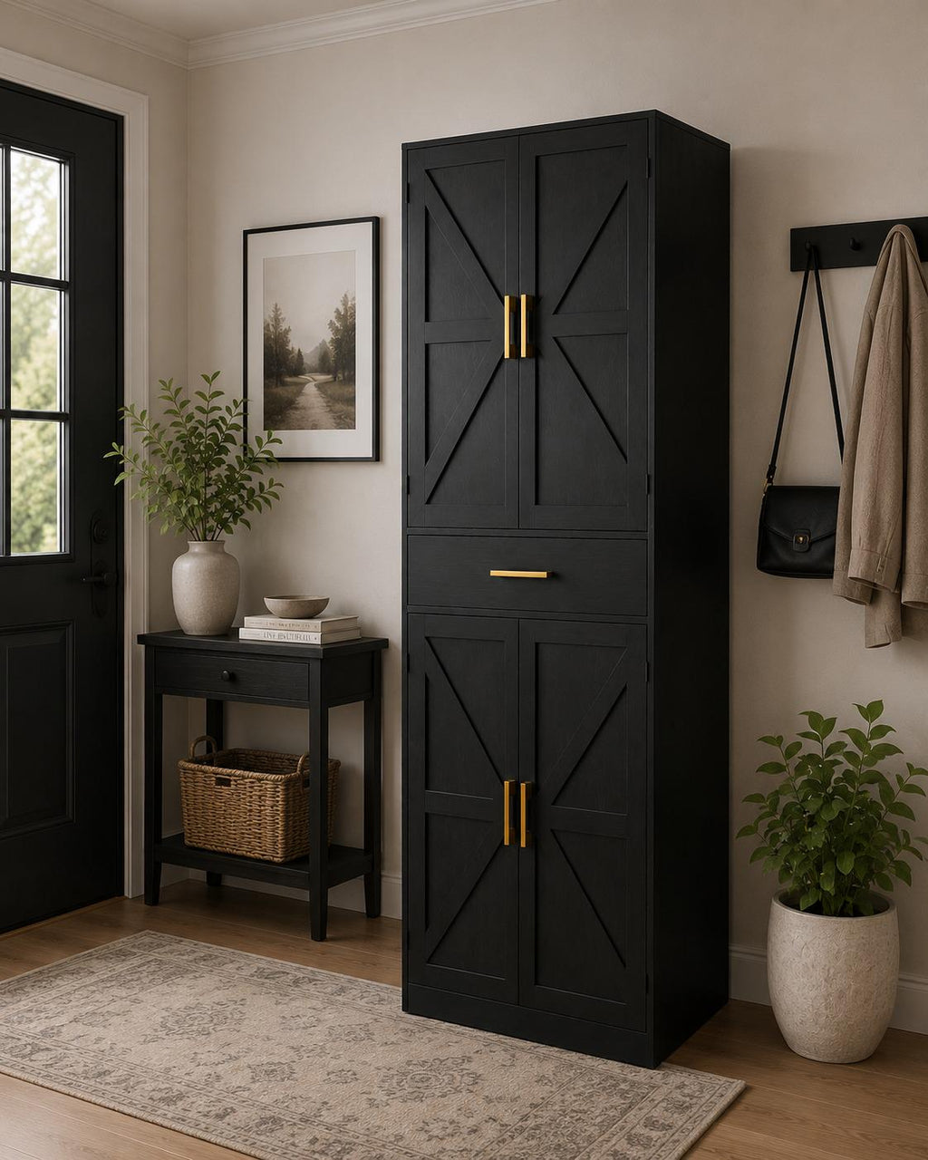 71" Farmhouse Pantry Cabinet, Coal Black, 4-Door Storage, Adjustable Shelves