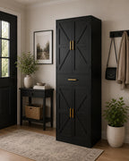 71" Farmhouse Pantry Cabinet, Coal Black, 4-Door Storage, Adjustable Shelves