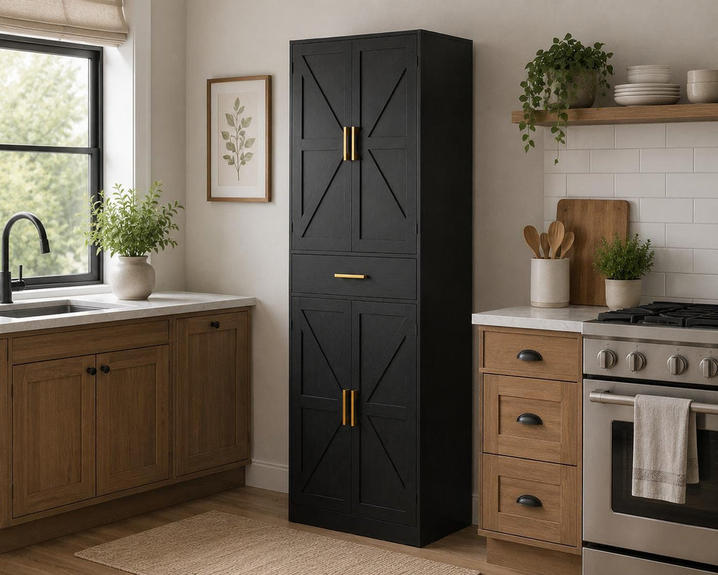 71" Farmhouse Pantry Cabinet, Coal Black, 4-Door Storage, Adjustable Shelves