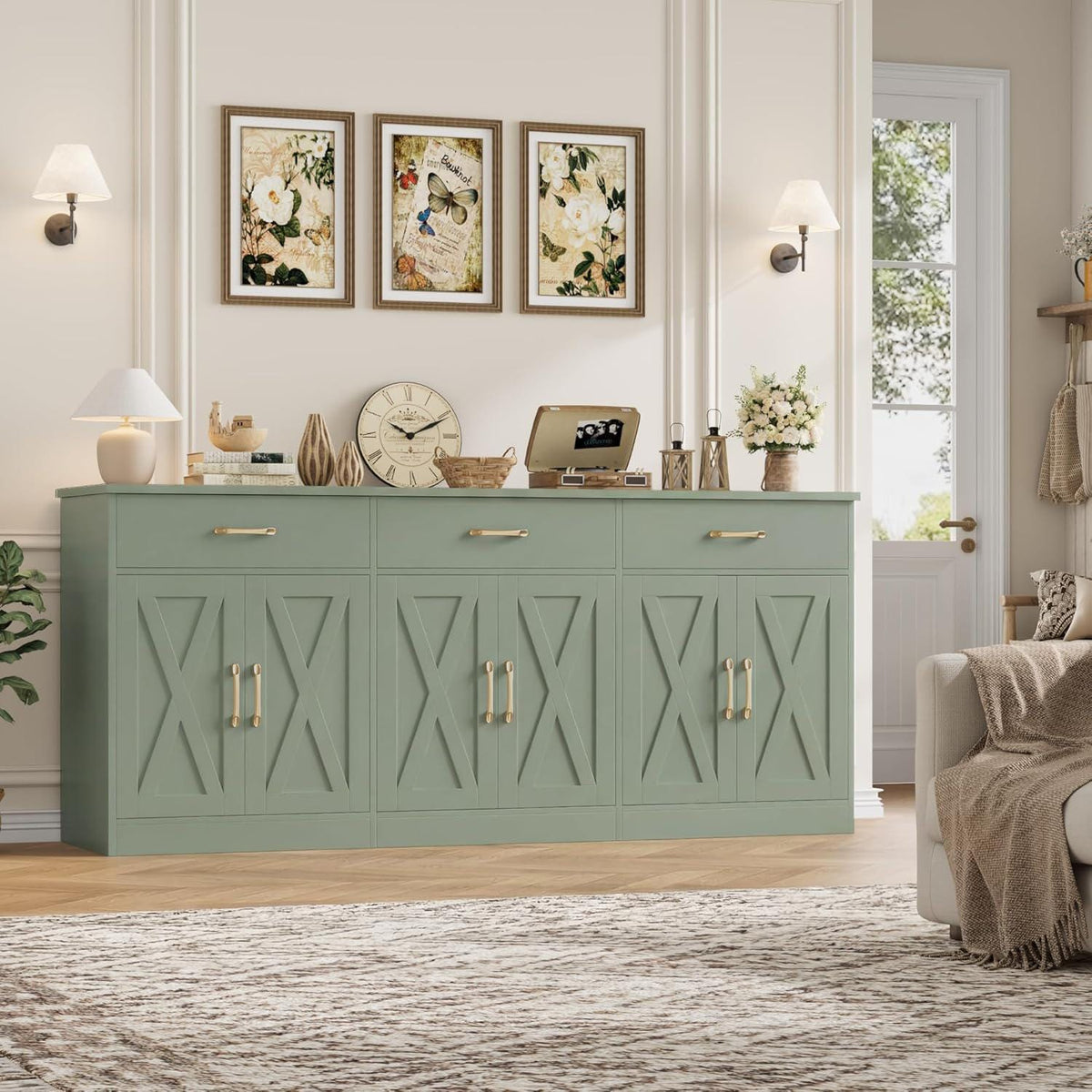 Farmhouse Sideboard Buffet Cabinet, 71" Wide Storage, Dark Brown Engineered Wood
