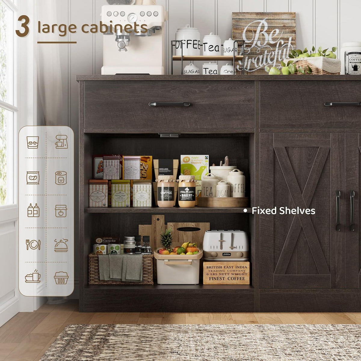 Farmhouse Sideboard Buffet Cabinet, 71" Wide Storage, Dark Brown Engineered Wood