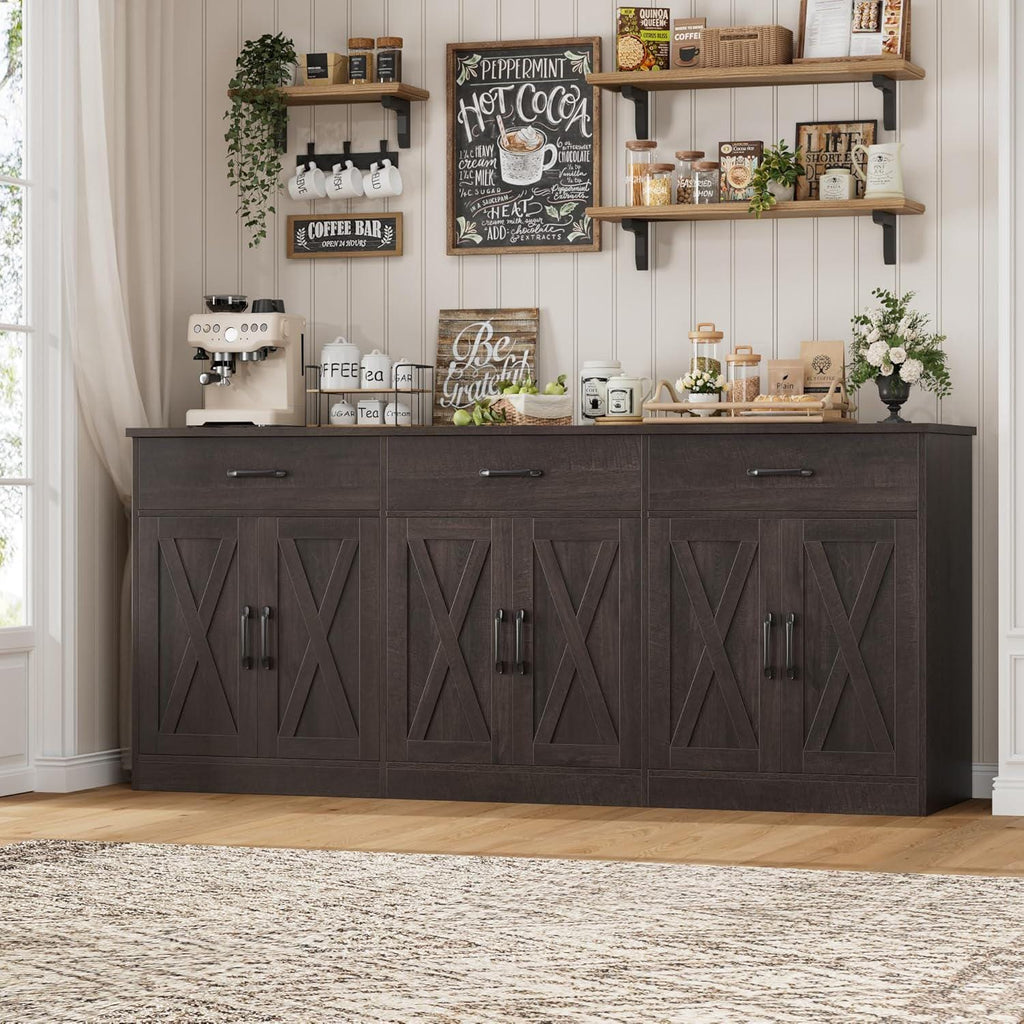 Farmhouse Sideboard Buffet Cabinet, 71" Wide Storage, Dark Brown Engineered Wood