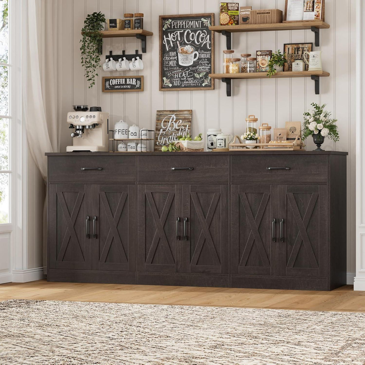 Farmhouse Sideboard Buffet Cabinet, 71" Wide Storage, Dark Brown Engineered Wood